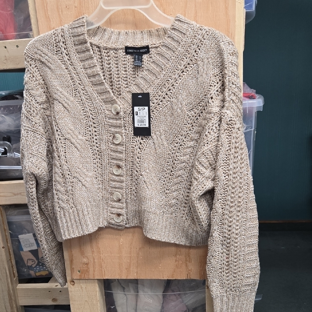 Streetwear Society Size S Beige Cropped Button Down Knit Cardigan